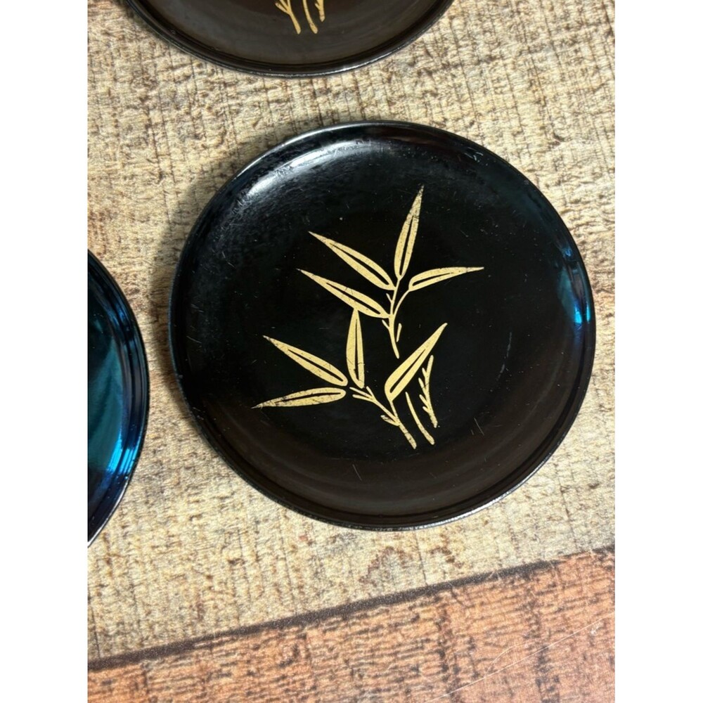 Japanese Lacquered Bamboo (6) Black Coasters Round Box Gold Bamboo Design - Picture 7 of 11